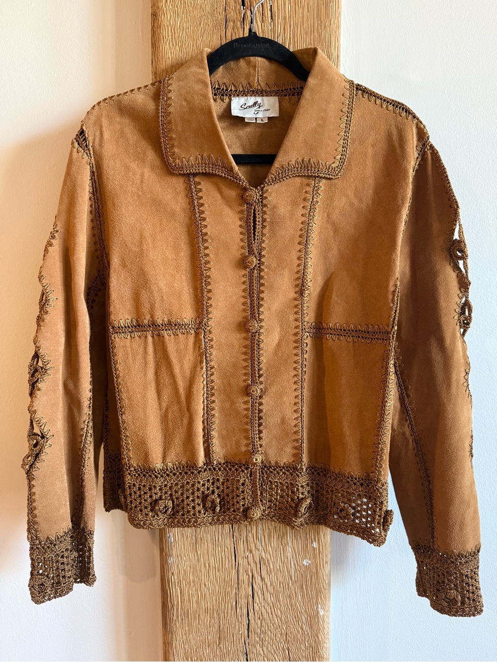 Scully Suede Leather Western Patchwork Flower Embroidered Jacket Brown Sz Large